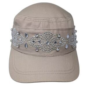 Scala Army Cap Beige OS Silver Clear Rhinestone Studded Embellished Cotton Hat